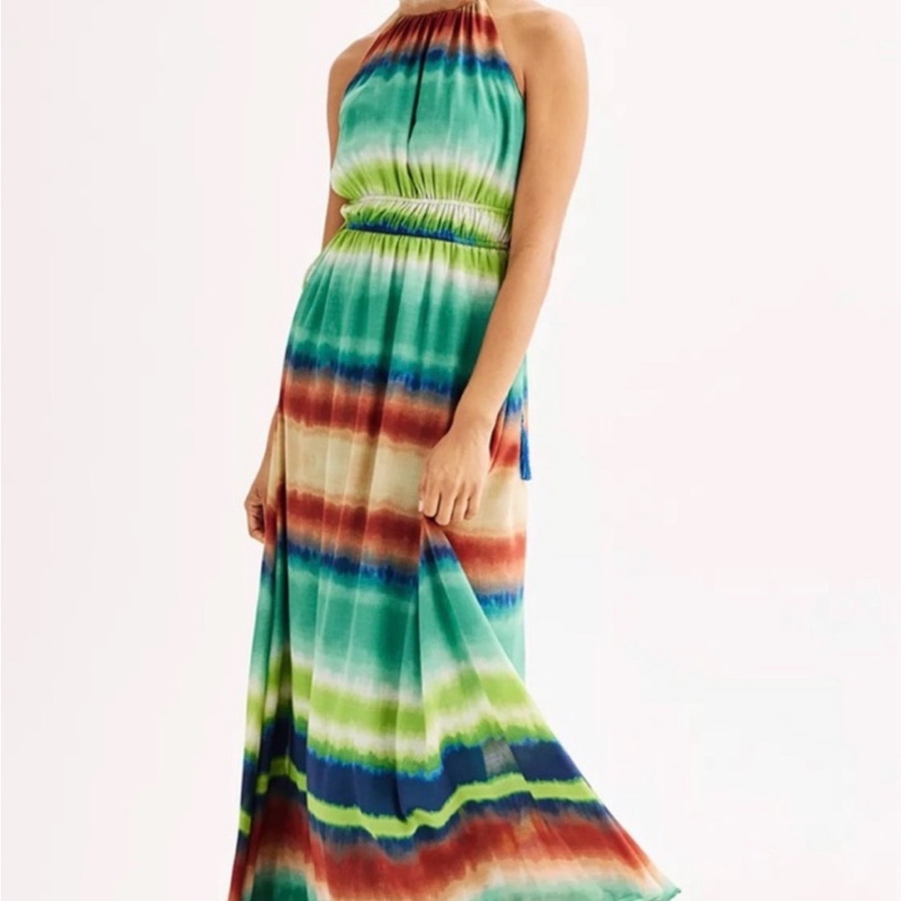 Taylor Chiffon Striped Halter Maxi Dress‎ Watercolor Boho Pockets 14